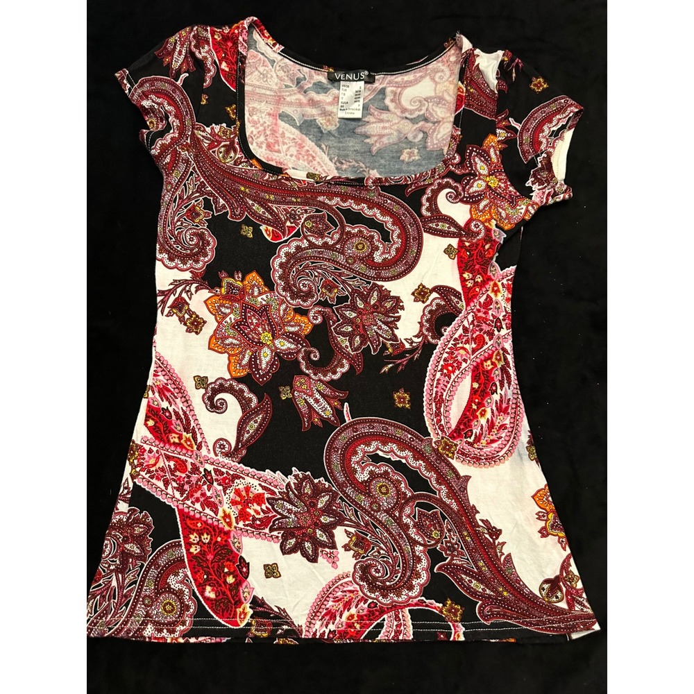 Venus Womens Small Paisley Print Scoop Neck Short Sleeve Top Red Black White
